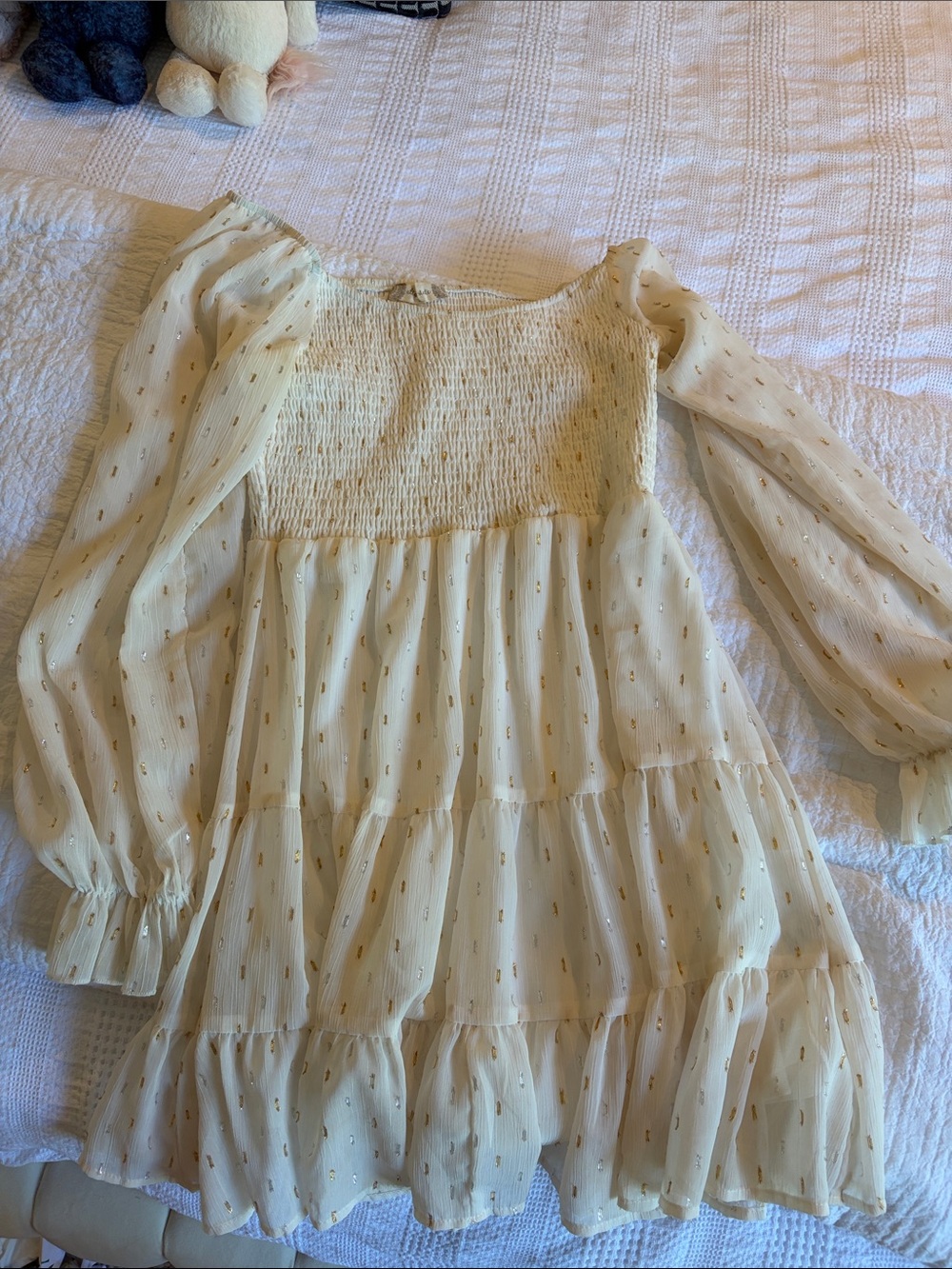 Altar'd State Cream Long Sleeve Tiered Dress with Gold/Silver Thread